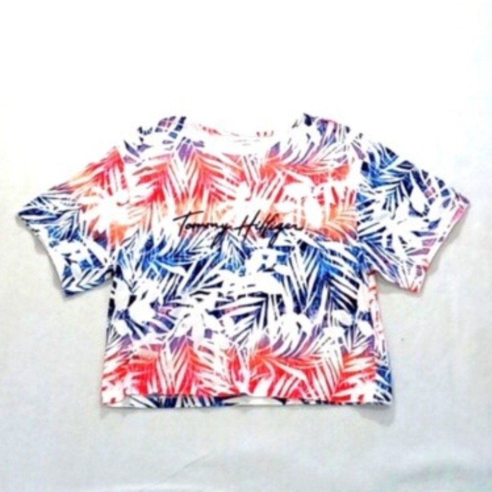 Tommy Hilfiger Womens Tropical Palm Print‎ Cropped T-Shirt Red White Blue Cotton